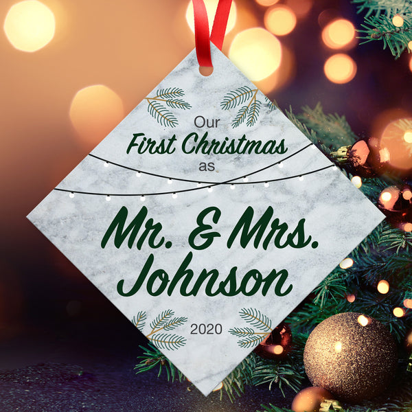 Personalized Christmas Ornaments, Our First Christmas As Mr & Mrs 2020 Ornament, Diamond Metal Ornament, Velvet Pouch Included