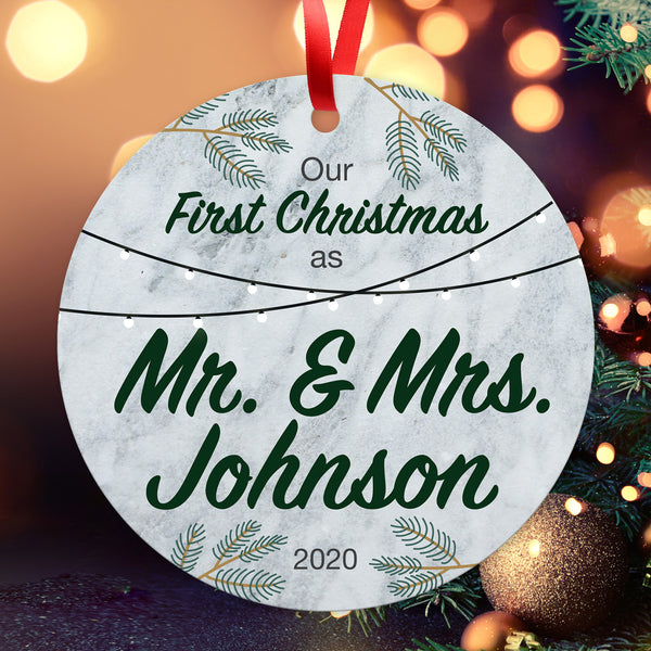 Personalized Christmas Ornaments, Our First Christmas As Mr & Mrs 2020 Ornament, Rectangle Metal Ornament, Velvet Pouch Included