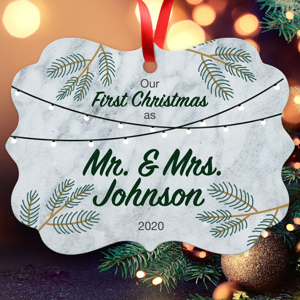 Personalized Christmas Ornaments, Our First Christmas As Mr & Mrs 2020 Ornament, Round Metal Ornament, Velvet Pouch Included
