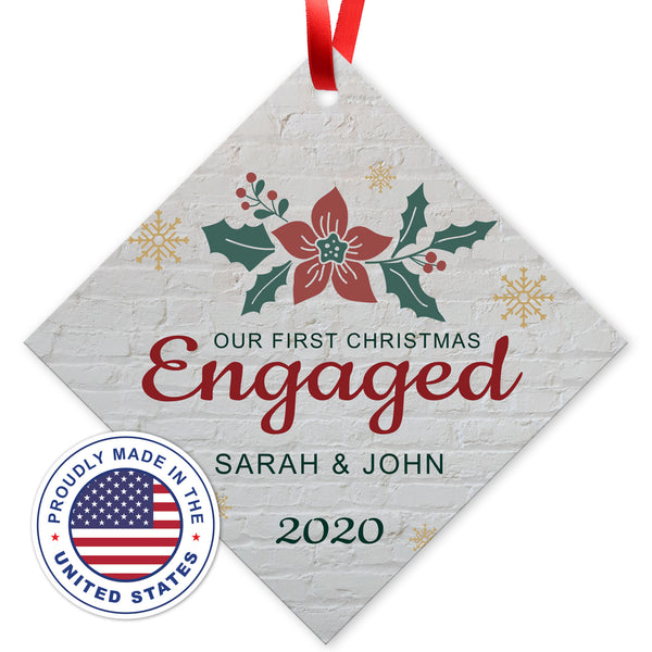 Personalized Christmas Ornament 2020, Our First Christmas Engaged 2020 Ornament, Diamond Metal Ornament, Velvet Pouch Included