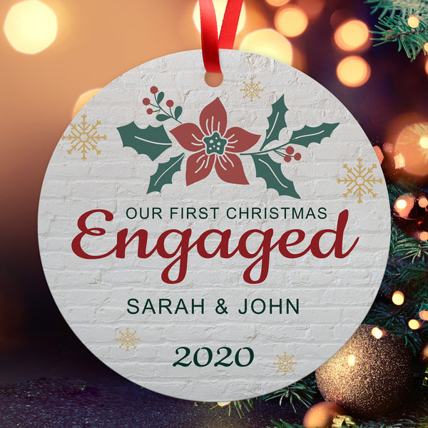 Personalized Christmas Ornament 2020, Our First Christmas Engaged 2020 Ornament, Rectangle Metal Ornament, Velvet Pouch Included