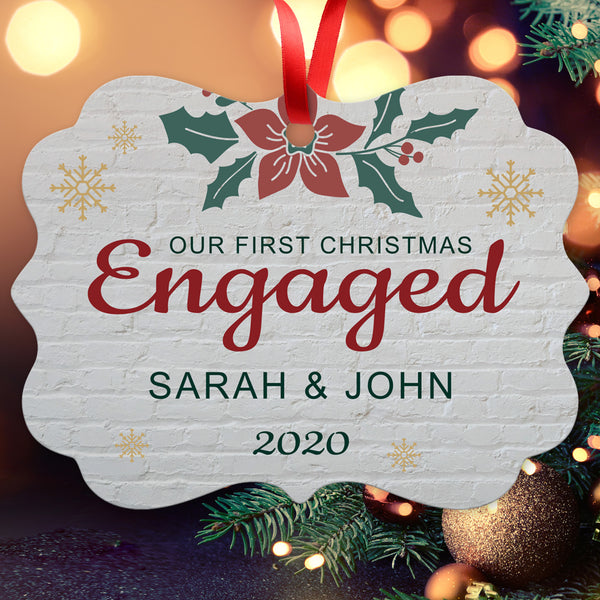 Personalized Christmas Ornament 2020, Our First Christmas Engaged 2020 Ornament, Round Metal Ornament, Velvet Pouch Included
