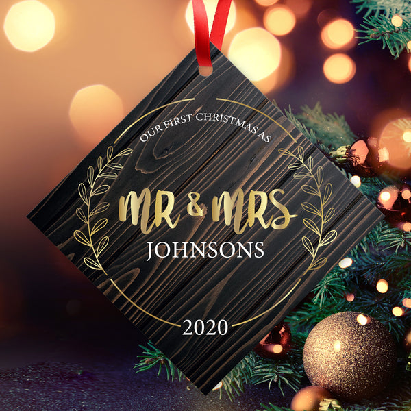 Personalized Ornament, Mr & Mrs 2020 Ornament, Diamond Metal Ornament, Velvet Pouch Included
