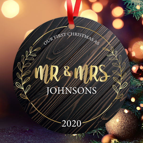 Personalized Ornament, Mr & Mrs 2020 Ornament, Round Metal Ornament, Velvet Pouch Included