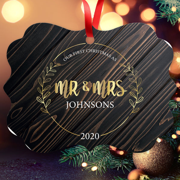 Personalized Ornament, Mr & Mrs 2020 Ornament, Rectangle Metal Ornament, Velvet Pouch Included