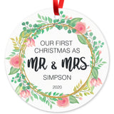 Personalized Christmas Ornaments, Our First Christmas As Mr & Mrs 2022 Ornament, Round Metal Ornament, Velvet Pouch Included