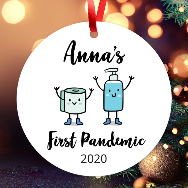 Personalized Christmas Ornaments 2020, First Pandemic 2020 Ornament, Round Metal Ornament, Velvet Pouch Included