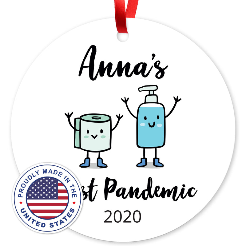 Personalized Christmas Ornaments 2020, First Pandemic 2020 Ornament, Round Metal Ornament, Velvet Pouch Included