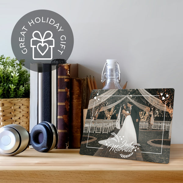 Metal Custom Photo Prints, Just Married, 7" x 10" with Built-in Easel Back, By Soul Décor