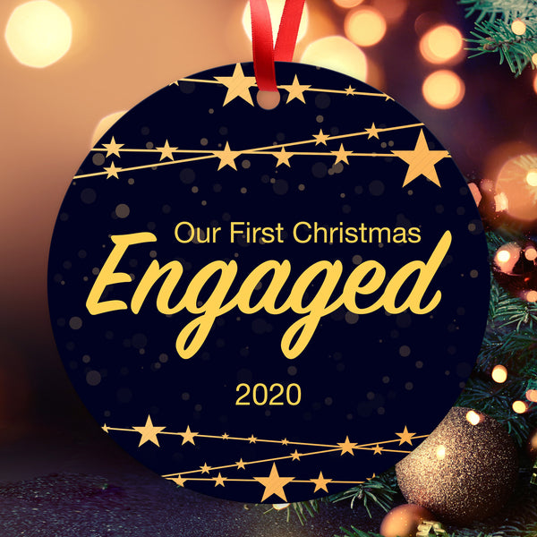 Christmas Tree Ornaments, Our First Christmas Engaged 2020 Ornament, Round Metal Ornament, Velvet Pouch Included