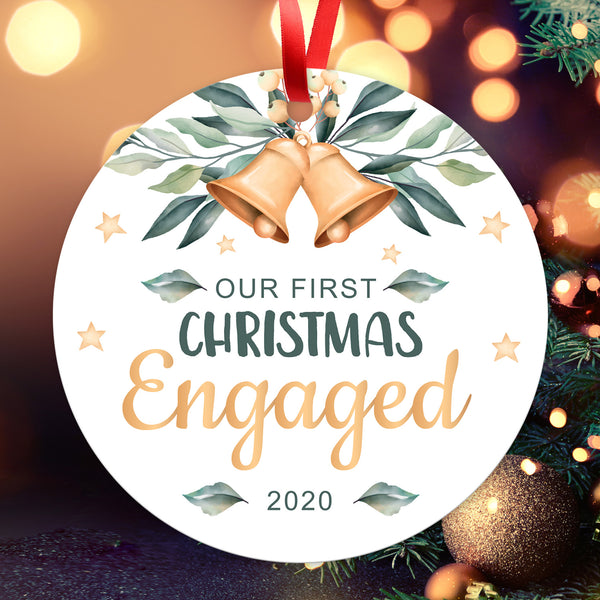 Christmas Ornaments 2020, Our First Christmas Engaged 2020 Ornament, Round Metal Ornament, Velvet Pouch Included