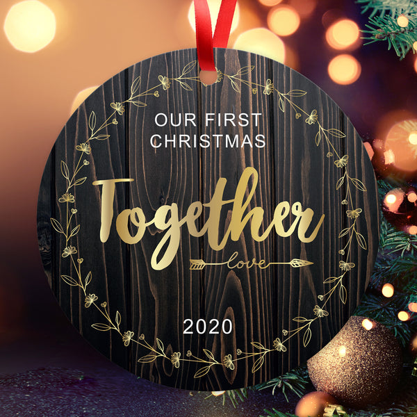 2020 Ornament, Our First Christmas Together 2020 Ornament, Round Metal Ornament, Velvet Pouch Included