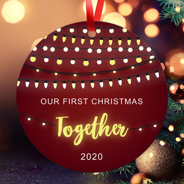 2020 Christmas Ornaments, Our First Christmas Together 2020 Ornament,  Round Metal Ornament, Velvet Pouch Included