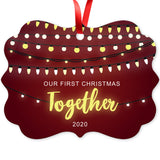 2020 Christmas Ornaments, Our First Christmas Together 2020 Ornament, Rectangle Metal Ornament, Velvet Pouch Included