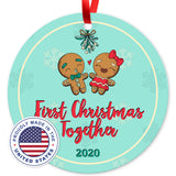 2020 Ornament, First Christmas Together 2020 Ornament, Round Metal Ornament, Velvet Pouch Included