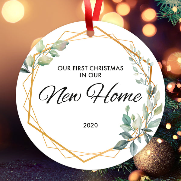 Our First Christmas In Our New Home 2020, Christmas Decorations Gift Ornaments, Round Metal Ornament, Velvet Pouch Included, By Soul Décor