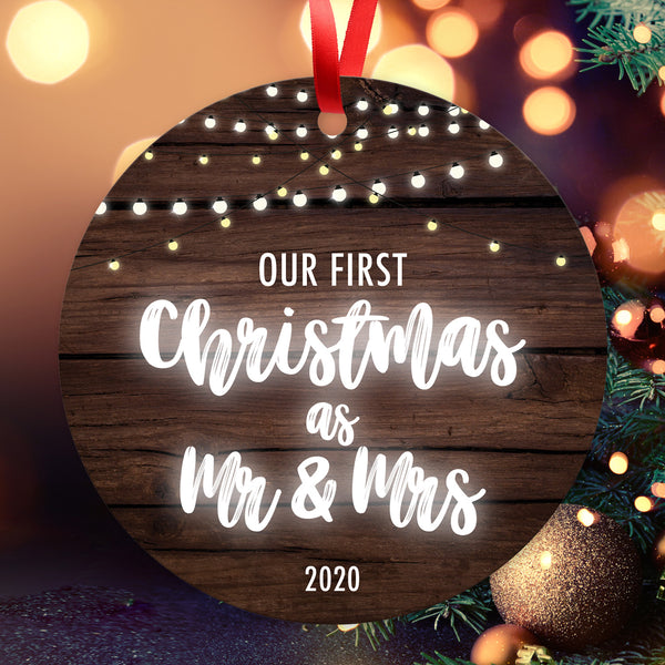 Our First Christmas As Mr & Mrs 2020, Christmas Tree Decorations Gift Ornament, Round Metal Ornament, Velvet Pouch Included, By Soul Décor