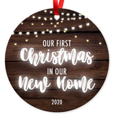 Our First Christmas In Our New Home 2020, Christmas Tree Decorations Gift Ornaments, Round Metal Ornament, Velvet Pouch Included, By Soul Décor