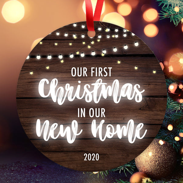 Our First Christmas In Our New Home 2020, Christmas Tree Decorations Gift Ornaments, Round Metal Ornament, Velvet Pouch Included, By Soul Décor