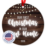 Our First Christmas In Our New Home 2020, Christmas Tree Decorations Gift Ornaments, Round Metal Ornament, Velvet Pouch Included, By Soul Décor