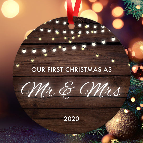 Our First Christmas As Mr & Mrs 2020, Christmas Tree Décor Gift Ornament, Round Metal Ornament, Velvet Pouch Included, By Soul Décor