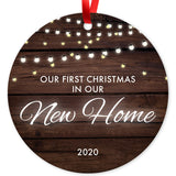 Our First Christmas In Our New Home 2020, Christmas Tree Décor Gift Ornaments, Round Metal Ornament, Velvet Pouch Included, By Soul Décor