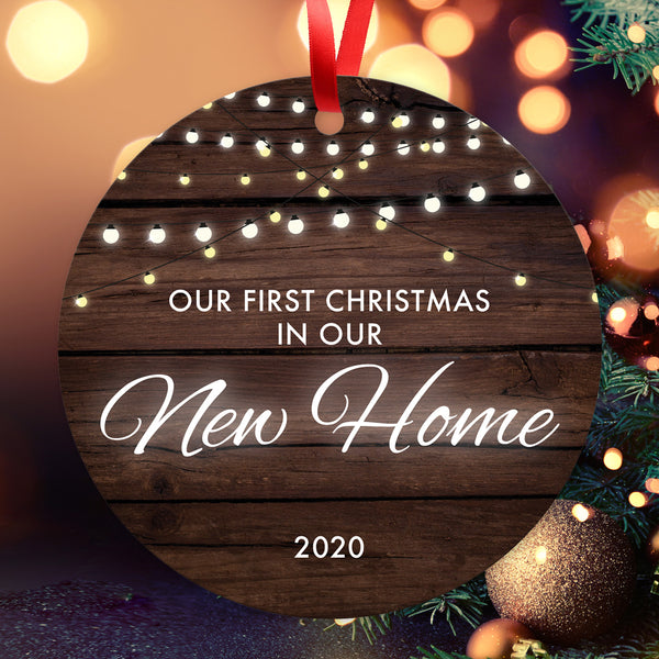 Our First Christmas In Our New Home 2020, Christmas Tree Décor Gift Ornaments, Round Metal Ornament, Velvet Pouch Included, By Soul Décor
