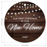 Our First Christmas In Our New Home 2020, Christmas Tree Décor Gift Ornaments, Round Metal Ornament, Velvet Pouch Included, By Soul Décor