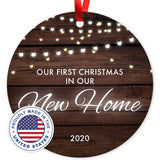 Our First Christmas In Our New Home 2020, Christmas Tree Décor Gift Ornaments, Round Metal Ornament, Velvet Pouch Included, By Soul Décor