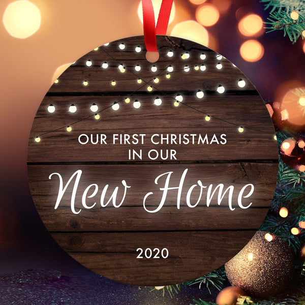 Our First Christmas In Our New Home 2020, Christmas Decorations Gift Ornament, Round Metal Ornament, Velvet Pouch Included, By Soul Décor