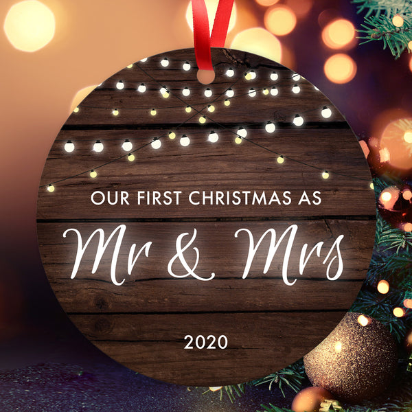 Our First Christmas As Mr & Mrs 2020, Christmas Decorations For The Home, Round Metal Ornament, Velvet Pouch Included, By Soul Décor