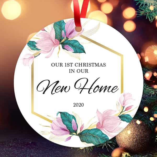 Our First Christmas In Our New Home 2020, Christmas Tree Decorations Gift Ornament, Round Metal Ornament, Velvet Pouch Included, By Soul Décor