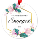Our First Christmas Engaged 2020, Christmas Decorations Gift Ornament, Round Metal Ornament, Velvet Pouch Included, By Soul Décor