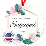 Our First Christmas Engaged 2020, Christmas Decorations Gift Ornament, Round Metal Ornament, Velvet Pouch Included, By Soul Décor