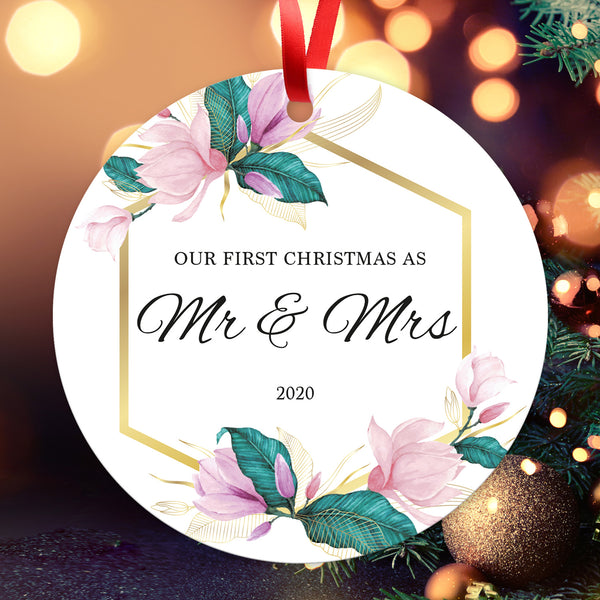 Our First Christmas As Mr & Mrs 2020, Christmas Decorations Gift Ornament, Round Metal Ornament, Velvet Pouch Included, By Soul Décor