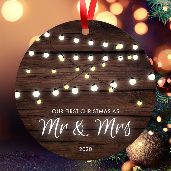 Our First Christmas As Mr & Mrs 2020, Christmas Decoration For The Home, Round Metal Ornament, Velvet Pouch Included, By Soul Décor