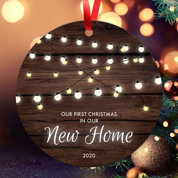 Our First Christmas In Our New Home 2020, Christmas Decorations For The Home, Round Metal Ornament, Velvet Pouch Included, By Soul Décor