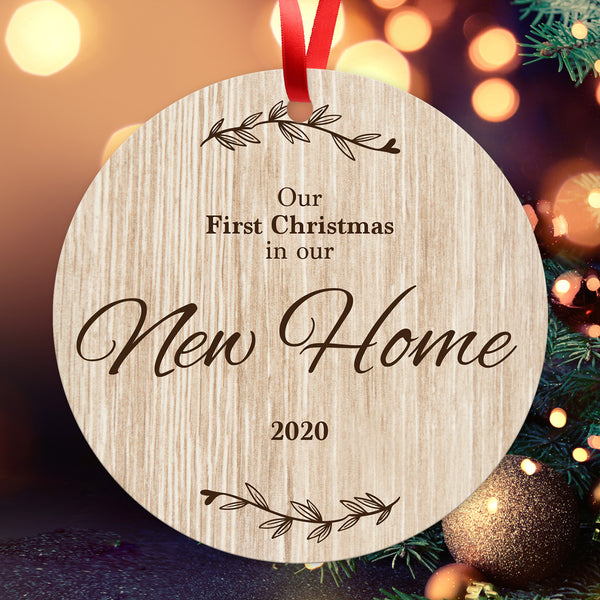 Our First Christmas In Our New Home 2020, Christmas Decoration For The Home, Round Metal Ornament, Velvet Pouch Included, By Soul Décor