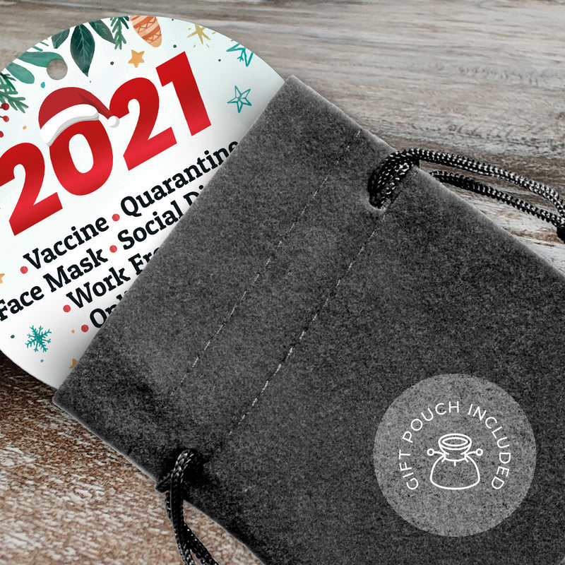 2021 Ornament Vaccine, Work From Home, Online Learning, Large 3.75" Round Metal Ornament, Velvet Pouch Included