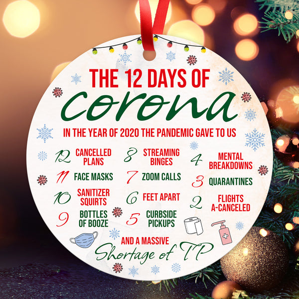 The 12 Days Of Corona Christmas Ornament, Large 3.75" Round Metal Ornament, Velvet Pouch Included
