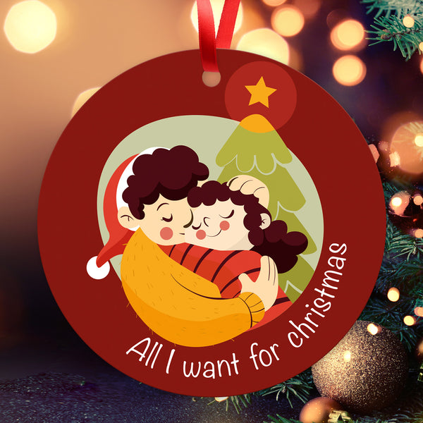 All I Want For Christmas Ornament, Large 3.75" Round Metal Ornament, Velvet Pouch Included