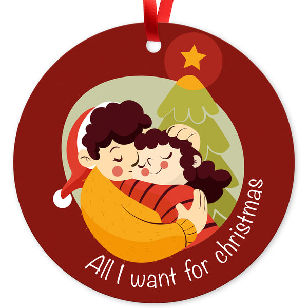 All I Want For Christmas Ornament, Large 3.75" Round Metal Ornament, Velvet Pouch Included