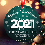 Merry Christmas, 2021, The Year Of The Vaccine Ornament, Large 3.75" Round Metal Ornament, Velvet Pouch Included