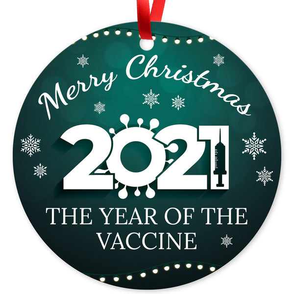 Merry Christmas, 2021, The Year Of The Vaccine Ornament, Large 3.75" Round Metal Ornament, Velvet Pouch Included
