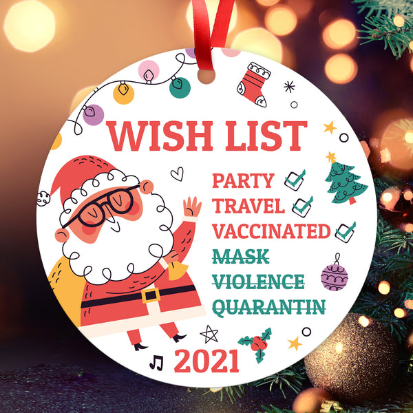 2021 Ornament Wish List Party, Travel, Large 3.75" Round Metal Ornament, Velvet Pouch Included