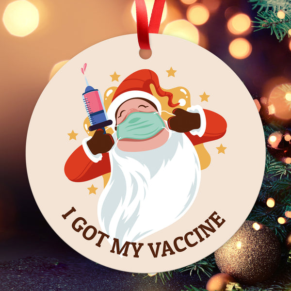 I Got My Vaccine Ornament, Large 3.75" Round Metal Ornament, Velvet Pouch Included