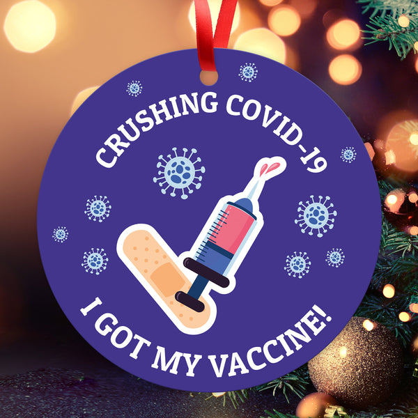 Crushing Covid-19, I Got My Vaccine Ornament, Large 3.75" Round Metal Ornament, Velvet Pouch Included