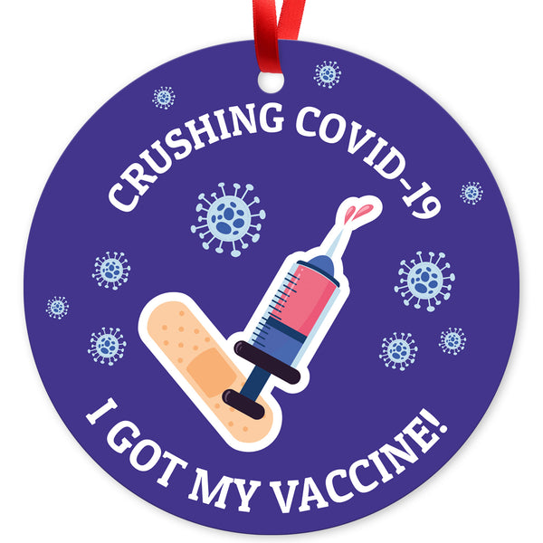 Crushing Covid-19, I Got My Vaccine Ornament, Large 3.75" Round Metal Ornament, Velvet Pouch Included