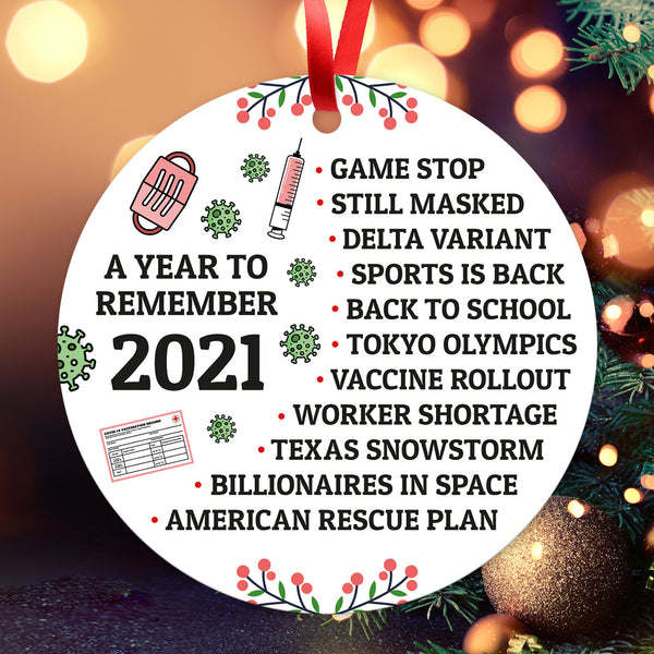 A Year To Remember 2021 Ornament, Large 3.75" Round Metal Ornament, Velvet Pouch Included