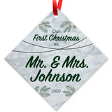 Personalized Christmas Ornaments, Our First Christmas As Mr & Mrs 2020 Ornament, Diamond Metal Ornament, Velvet Pouch Included